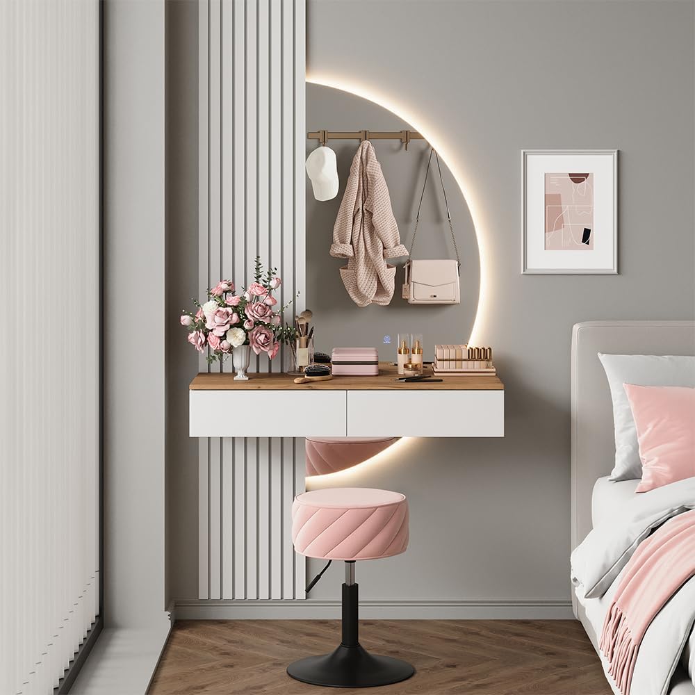 2026 Vicco Melina Dressing Table White/Oak 100cm with LED Mirror