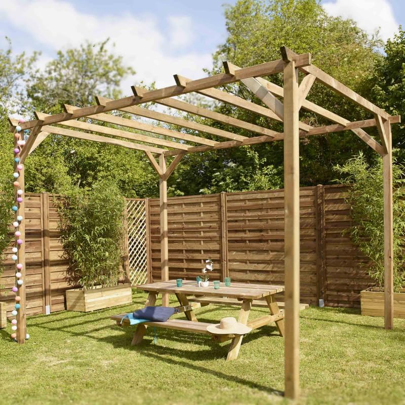 2026 Tonnelle en Bois Magdalie 4x3 m - Pin sylvestre traité Autoclave, Structure Solide 4 poteaux 9x9 cm - Idéale terrasse, Jardin et Espace ombragé