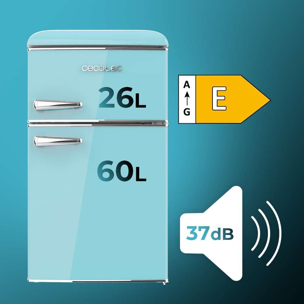 2026 Cecotec Mini Réfrigérateur 2 Portes Retro 86L Bolero CoolMarket 2D Origin 86 Blue E, 89,3cm H et 48,7cm L, IceBox, Classe Énergétoque E, Total No Frost, Lumière Intérieure et Poignée Chromée, Bleu