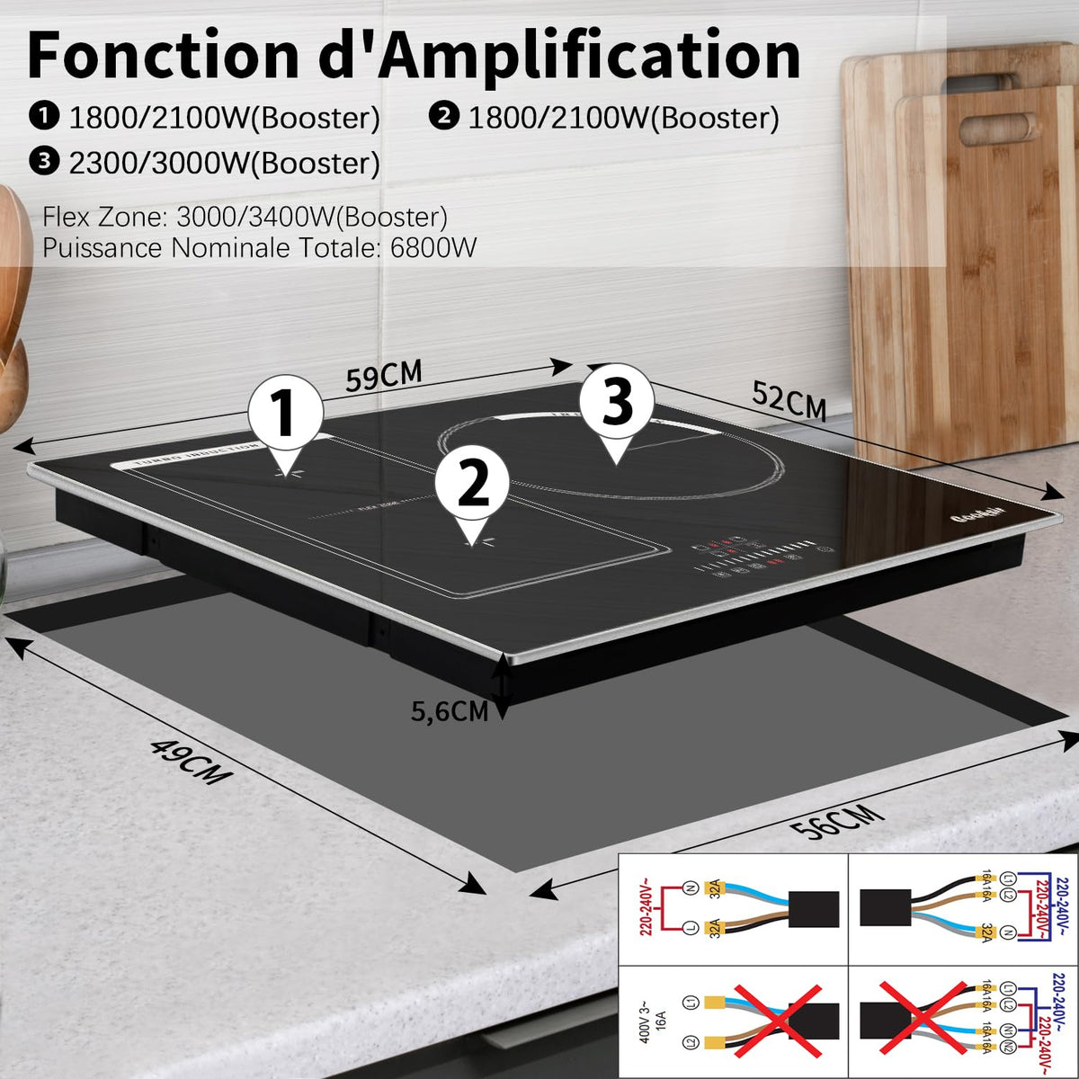 2026 Cooksir Plaque Induction 3 Feux avec Cadre, Table de Cuisson Induction 60cm Encastrable, 6800W, Commande Tactile à Curseur, Bord Inox, Zone Flexibles