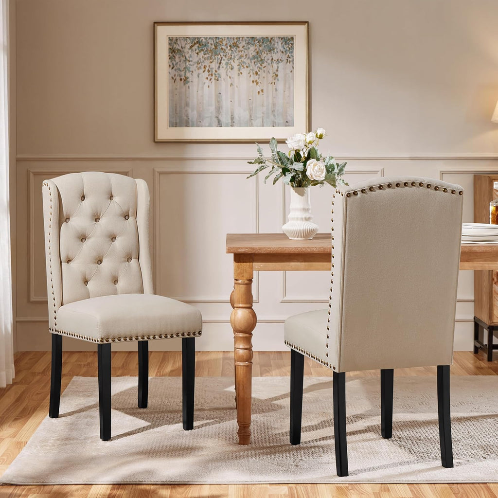 2026 Yaheetech Set 6 Sedie Sala da Pranzo Tessuto Imbottite Eleganti Gambe in Legno Massello Schienale Alto con Bottoni Portata 140 KG Beige