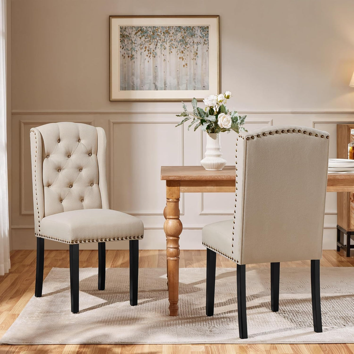 2026 Yaheetech Set 6 Sedie Sala da Pranzo Tessuto Imbottite Eleganti Gambe in Legno Massello Schienale Alto con Bottoni Portata 140 KG Beige
