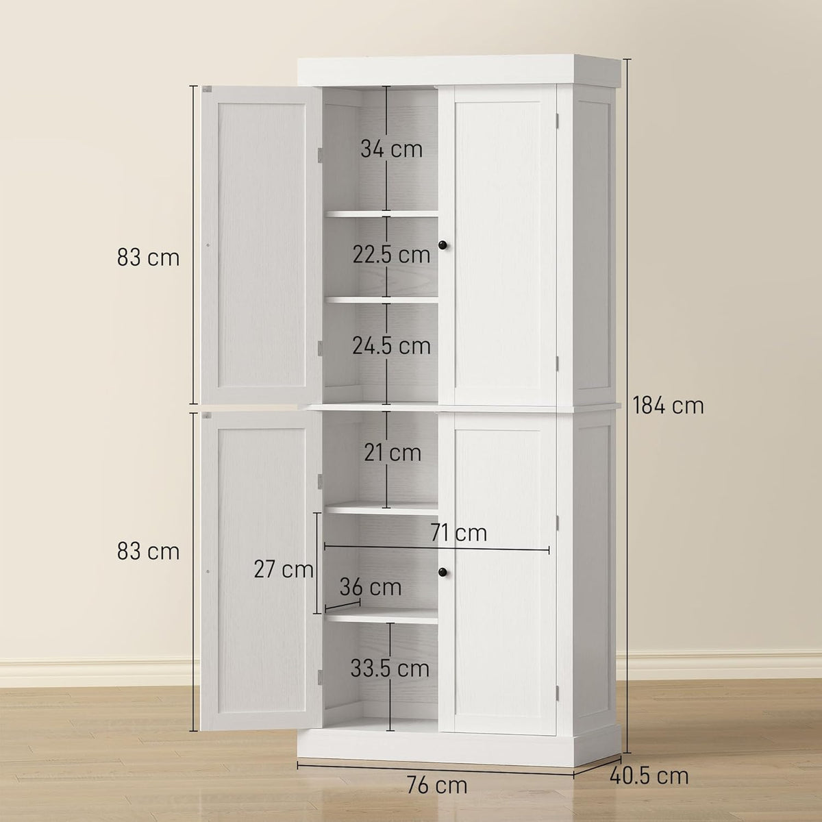2026 HOMCOM Mobile Cucina Alto con 6 Ripiani e 2 Ante, Armadio Dispensa con Ripiani Regolabili in Legno, 76x40.5x184 cm, Bianco