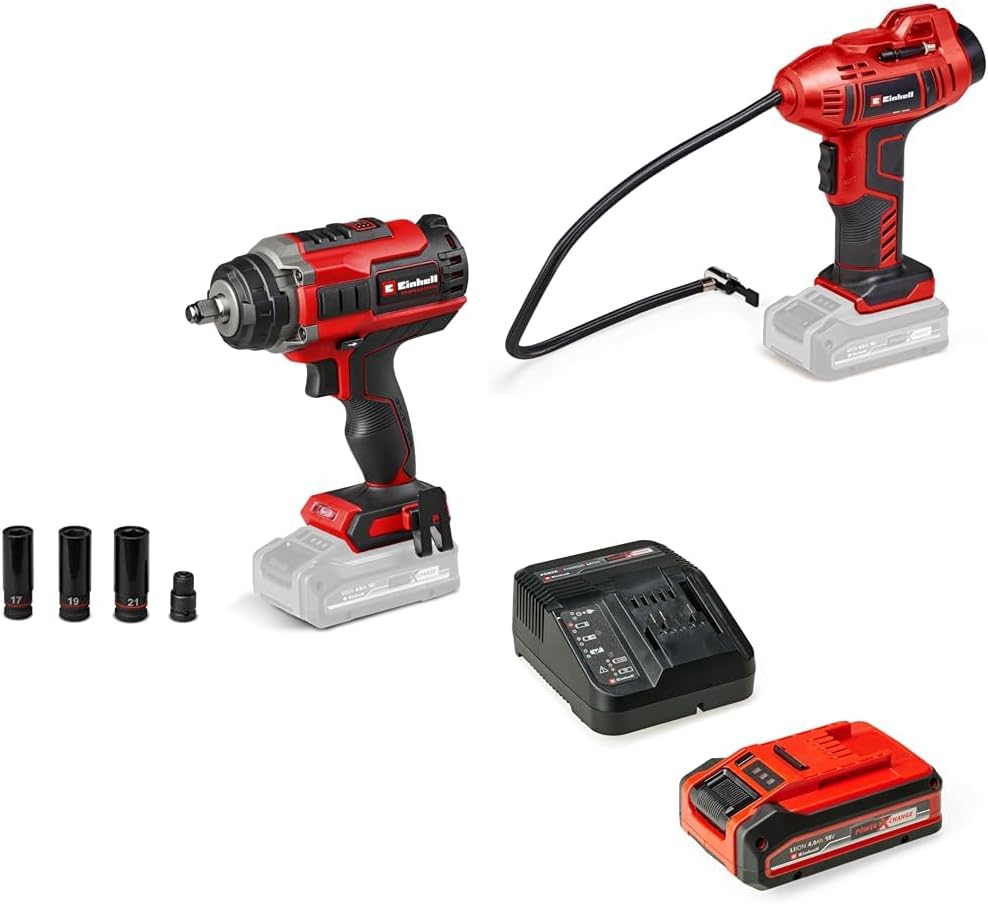 2026 Einhell Pack 2 machines sans fil - Spécial Automobile - Power X-Change (Boulonneuse IMPAXXO 18/450, Gonfleur CE-CC 18) + Chargeur et Batterie 4,0Ah PL
