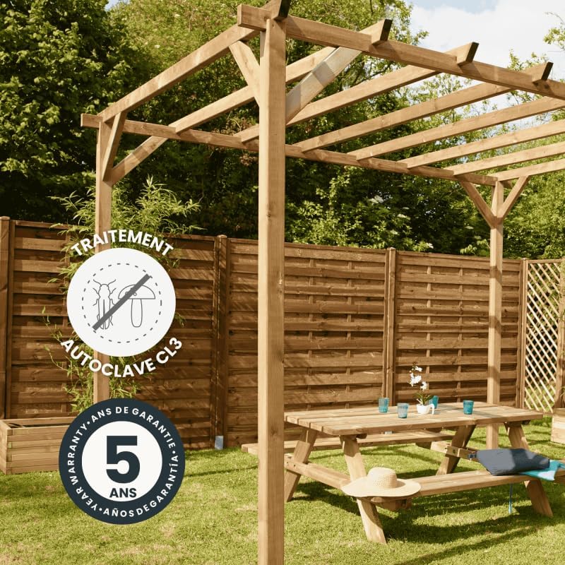 2026 Tonnelle en Bois Magdalie 4x3 m - Pin sylvestre traité Autoclave, Structure Solide 4 poteaux 9x9 cm - Idéale terrasse, Jardin et Espace ombragé