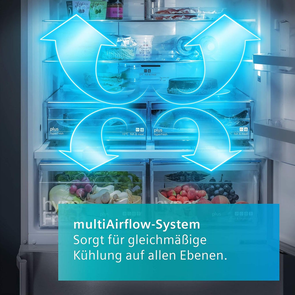 2026 SIEMENS KF96NVPEA iQ300 Multi-Door-Kühlschrank, 183 x 91 cm, 405 L Kühlen & 200 L Gefrieren, hyperFresh längere Frische, noFrost nie wieder abtauen, superCooling schnellere Kühlung