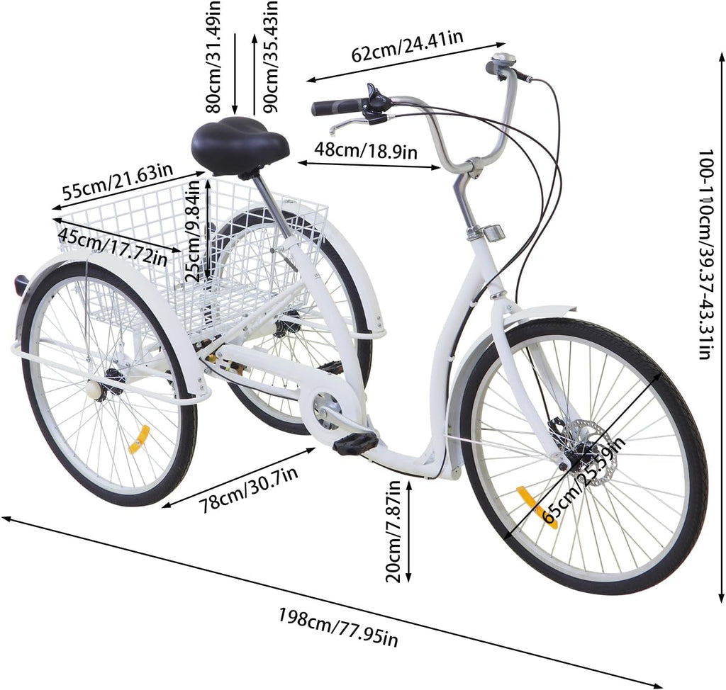 2026 26 Pollice 6 Marce 3 Ruote Triciclo Bicicletta per Adulti Anziani con Cestino Bianco Anziani Donne Per Trike Bike Ciclismo Porta
