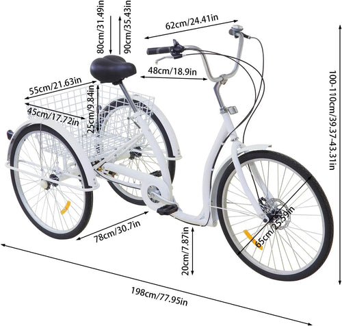 2026 26 Pollice 6 Marce 3 Ruote Triciclo Bicicletta per Adulti Anziani con Cestino Bianco Anziani Donne Per Trike Bike Ciclismo Porta