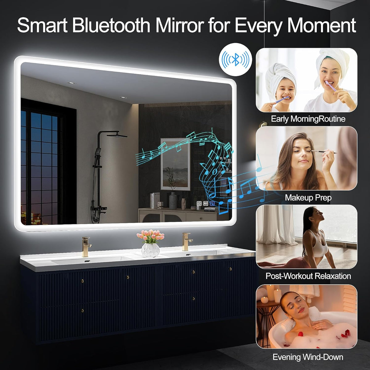 2026 Miroir de salle de bain S'bagno avec éclairage 1200 x 700 mm, IP44, LED, Bluetooth, antibuée, 3 couleurs de lumière (3 000 K, 4 000 K, 6 500 K), intensité variable, mémoire, vertical ou horizontal. Miroirs de salle de bain avec LED.