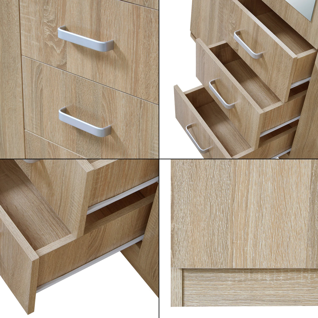 2026 Armoire de chambre garde-robe moderne meuble de rangement intemporel 5 étagères 3 tiroirs + miroir MDF 176 x 120 x 52 cm effet chêne sonoma 03_0006369