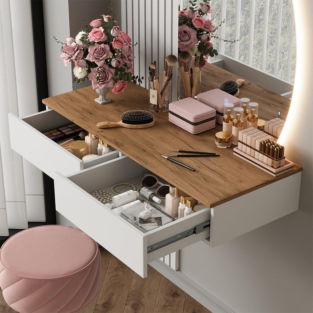 2026 Vicco Melina Dressing Table White/Oak 100cm with LED Mirror