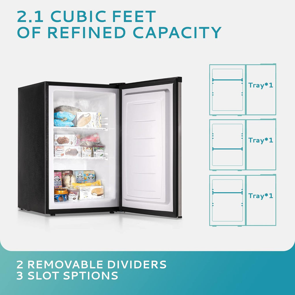 2026 Congélateur vertical 2025 de 85 litres (3 pi³). Porte réversible simple en acier inoxydable. Congélateur compact pour la maison, les résidences étudiantes, les appartements et les bureaux (argenté).