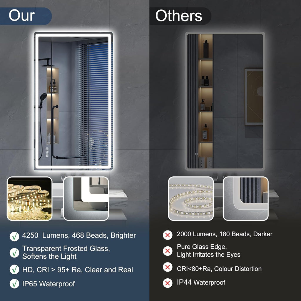 Miroir de salle de bain S'bagno avec éclairage 120 x 70 cm, miroir de salle de bain LED avec Bluetooth et fonction antibuée, intensité variable 3000 K/4000 K/6500 K, mémoire de forme, verre trempé HD, IP44 - Miroirs de salle de bain LED, horizontaux