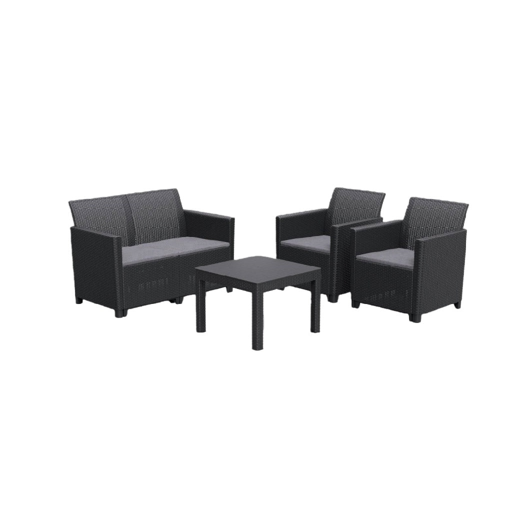 2026 Salon de jardin 4 places en résine tressée noire – table basse + coussins gris