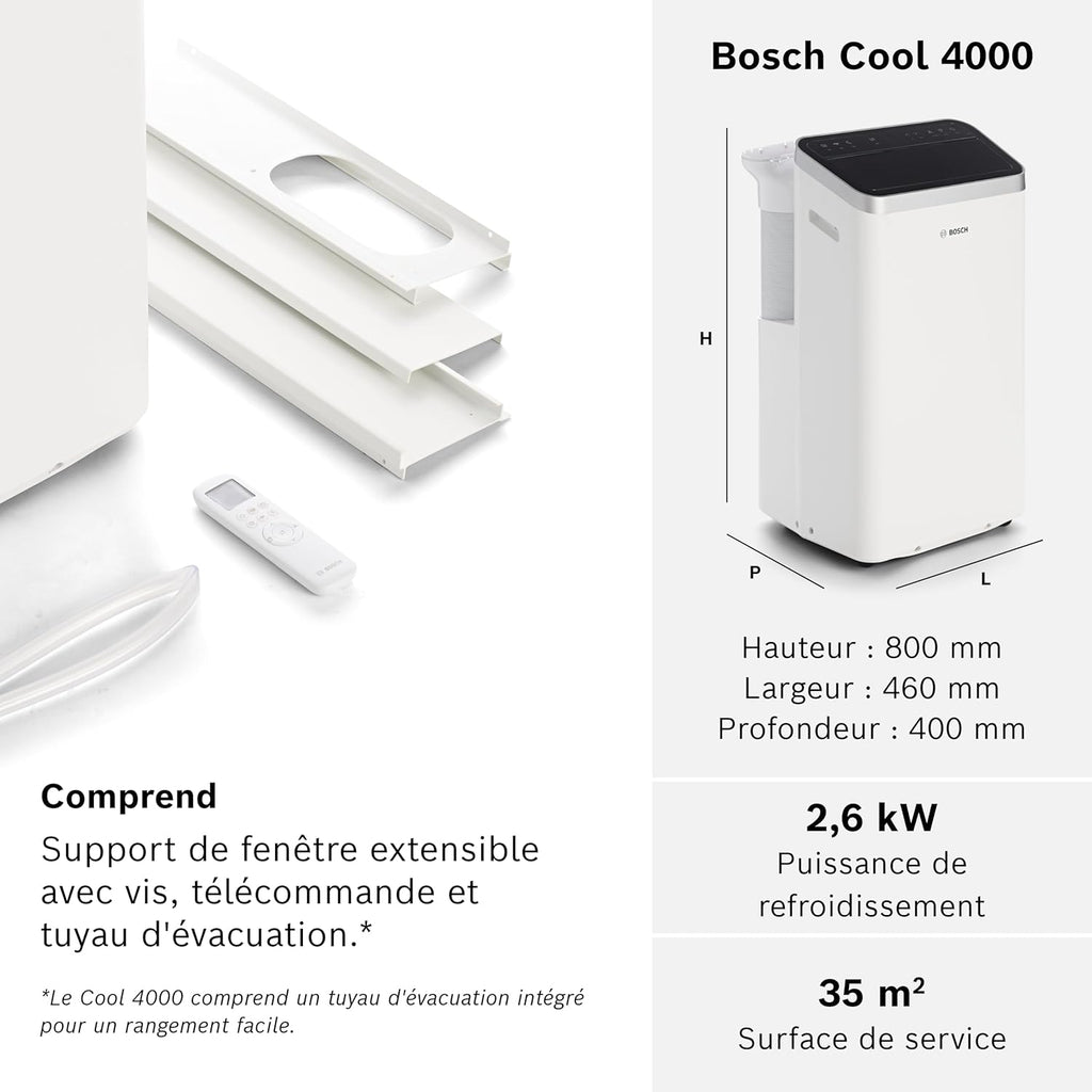 2026 Bosch Cool 4000 Portable AC - 3 en 1 Climatiseur, Déshumidificateur, Ventilateur - 2,6 kW pour les pièces jusqu'à 35m² - Avec Mode Auto, Mode Silencieux et Mode Veille (48 db (A)) [Classe A+]
