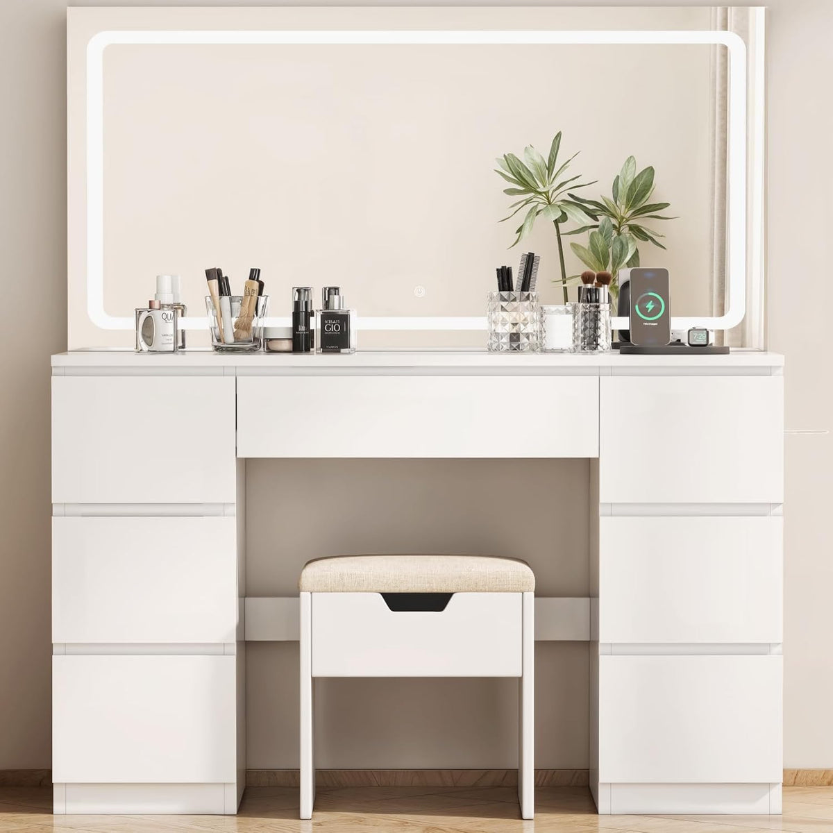 2026 TRIUMPHKEY Coiffeuse avec Miroir et Tabouret Table de Maquillage avec Miroir LED Grand Format à Luminosité Réglable, 7 Tiroirs et Prise de Courant, Meuble de Maison, Blanc