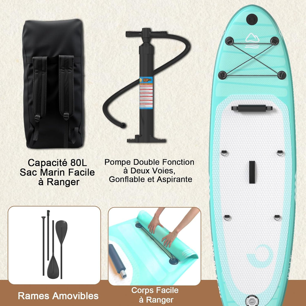 2026 JUMMICO Stand Up Paddling Board, 320 cm x 80 cm x 15 cm, Planche de Sup Gonflable, Stand Up Paddle 2-en-1 avec siège de Kayak, Protection réglable Contre Les Rayures et Accessoires, jusqu'à 160 kg