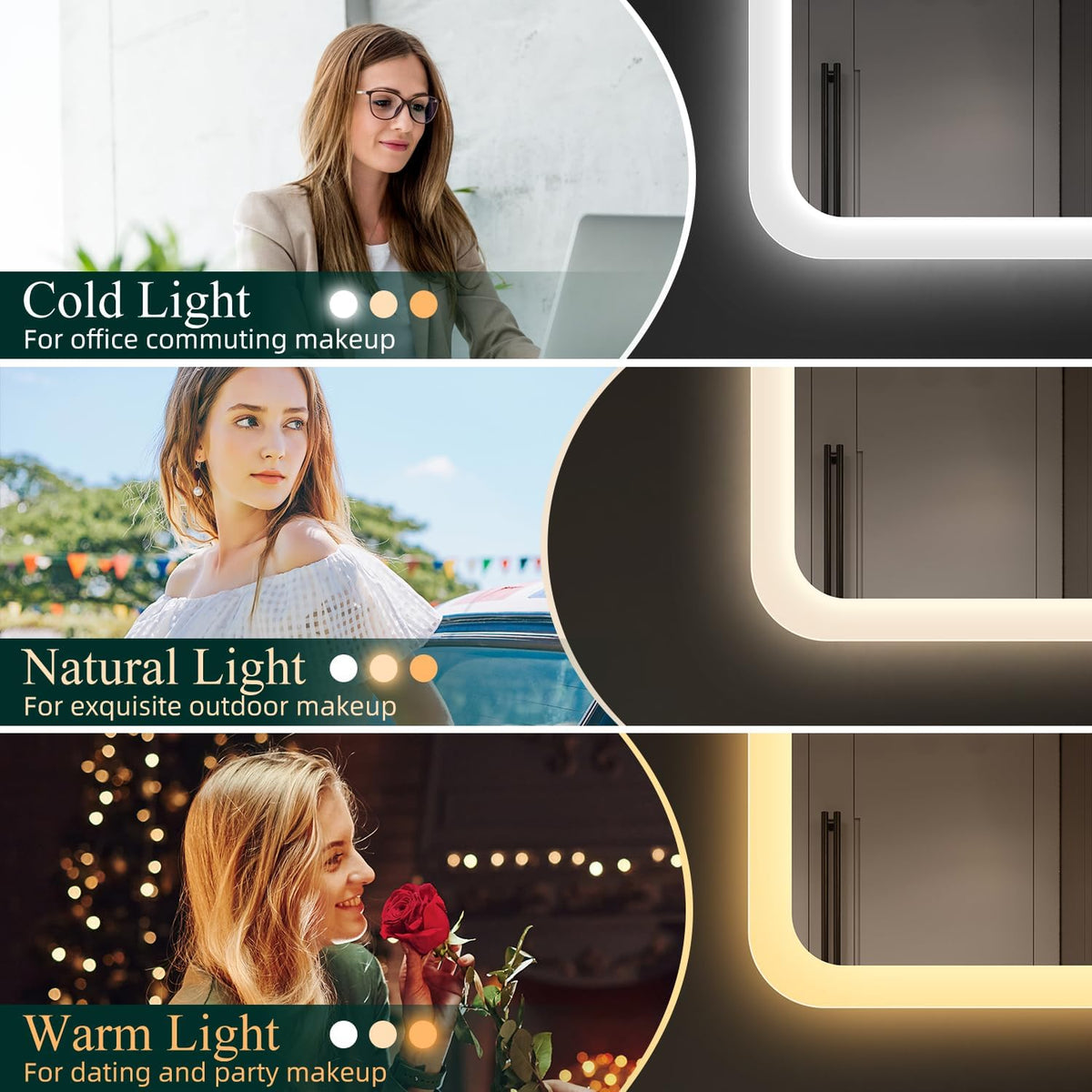 2026 Miroir de salle de bain S'bagno avec éclairage 1200 x 700 mm, IP44, LED, Bluetooth, antibuée, 3 couleurs de lumière (3 000 K, 4 000 K, 6 500 K), intensité variable, mémoire, vertical ou horizontal. Miroirs de salle de bain avec LED.