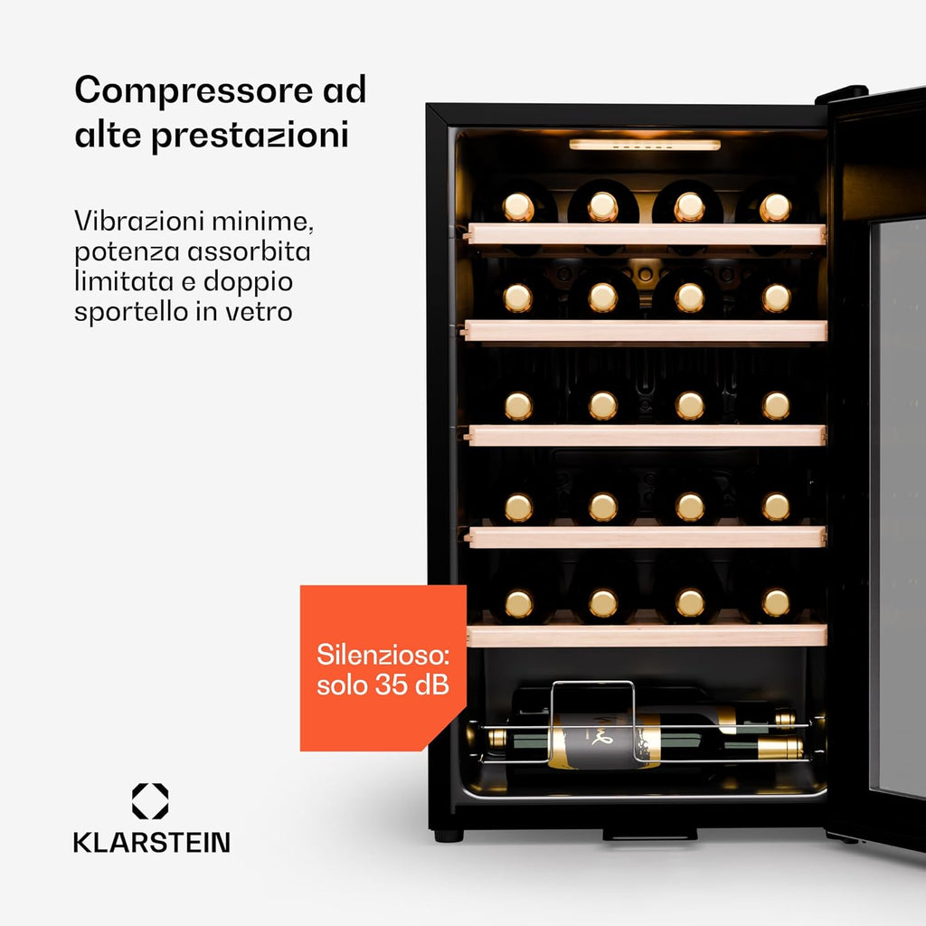 2026 KLARSTEIN Shiraz Premium Smart 24 - Frigorifero per vini, 24 bottiglie, temperatura regolabile, illuminazione LED, controllo WiFi, display touch