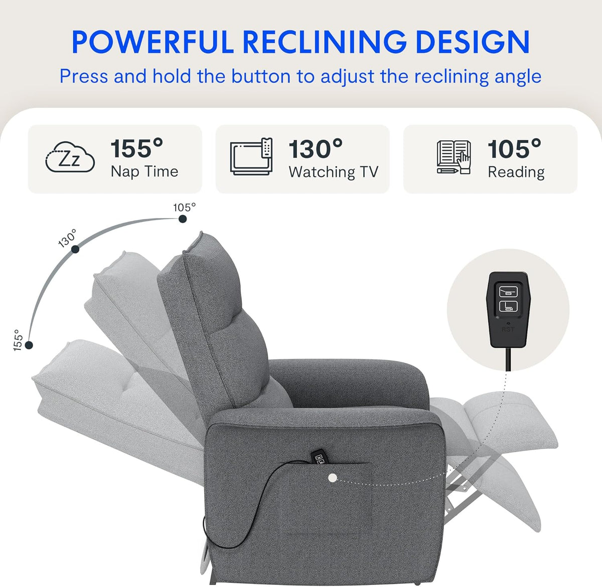 2026 Fauteuil relax électrique FLEXISPOT avec dossier réglable, inclinable de 105° à 155°, fauteuil inclinable, fauteuil relax ergonomique pour chambre, salon et home cinéma (gris foncé)