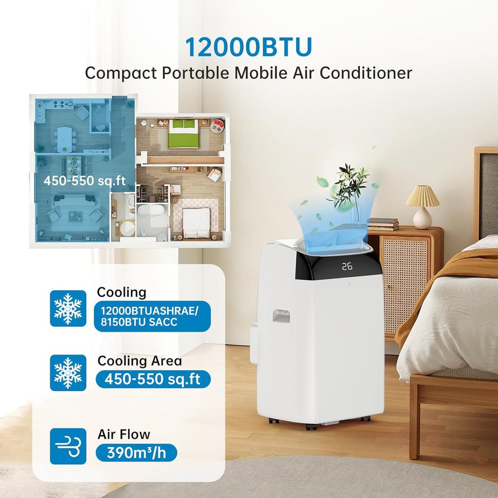 2026 Garvee Climatiseur Mobile 12000 BTU, 4 En 1 Avec Mode Nuit, Timer 24H - Refroidit Jusqu'à 50 M² - Pour Bureau, Chambre, Camping-Car - Énergie a, Silencieux