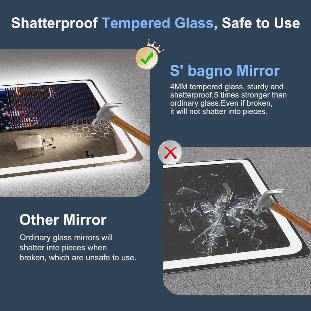Miroir de salle de bain S'bagno avec éclairage 120 x 70 cm, miroir de salle de bain LED avec Bluetooth et fonction antibuée, intensité variable 3000 K/4000 K/6500 K, mémoire de forme, verre trempé HD, IP44 - Miroirs de salle de bain LED, horizontaux