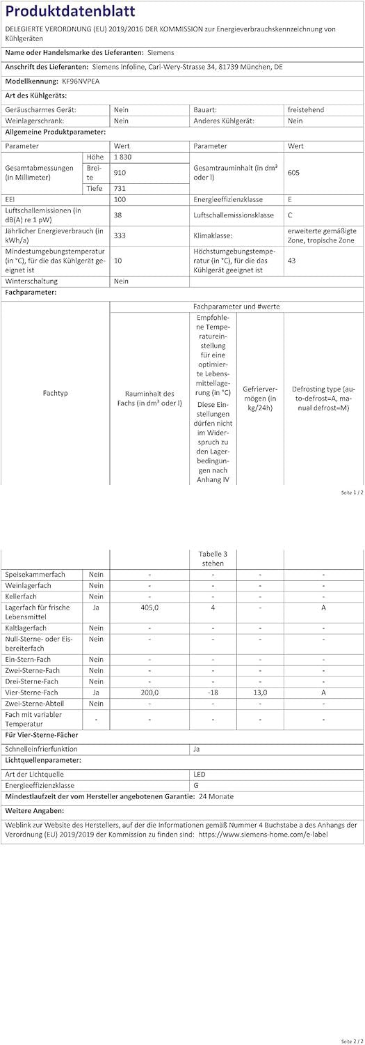 2026 SIEMENS KF96NVPEA iQ300 Multi-Door-Kühlschrank, 183 x 91 cm, 405 L Kühlen & 200 L Gefrieren, hyperFresh längere Frische, noFrost nie wieder abtauen, superCooling schnellere Kühlung