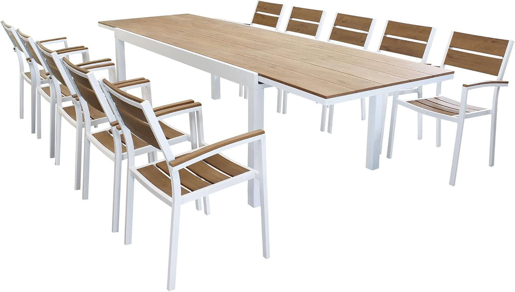 2026 MilaniHome.it - Table Set 200/300 x 100 cm, Aluminium Frame Including 10 Seats, White, Brown
