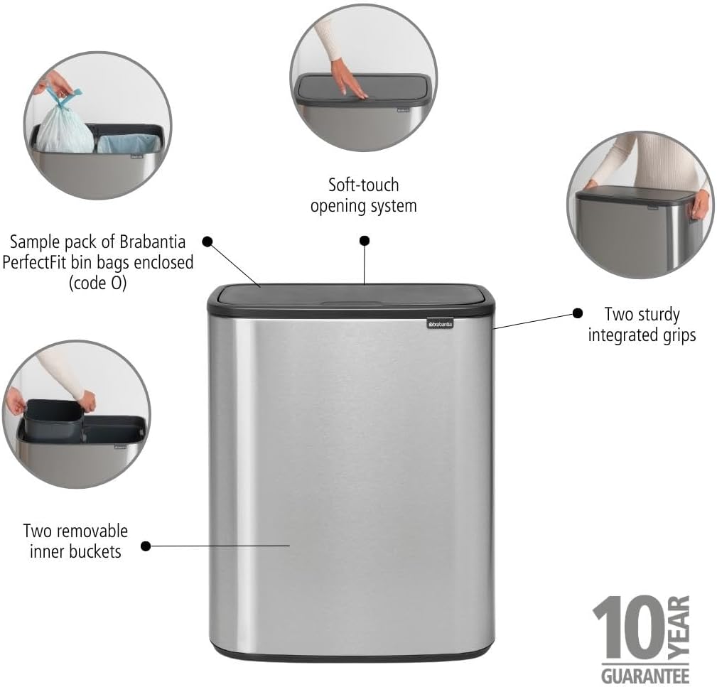 2026 Poubelle Brabantia, acier mat, anti-traces de doigts, 2 x 30 L