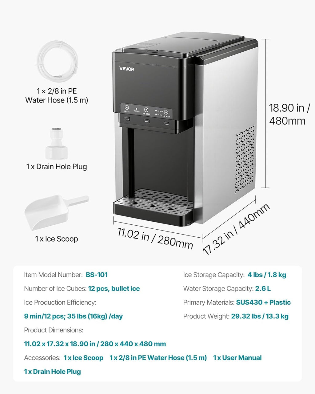 2026 VEVOR Distributeur d'Eau 3-en-1 avec Machine à Glaçons et Broyeur à Glace, Fontaine à Eau à Poser, pour Fête Cuisine Maison Bureau, Production Rapide de Cube 16 kg/24 h et 12 PCs/7 min, avec Pelle