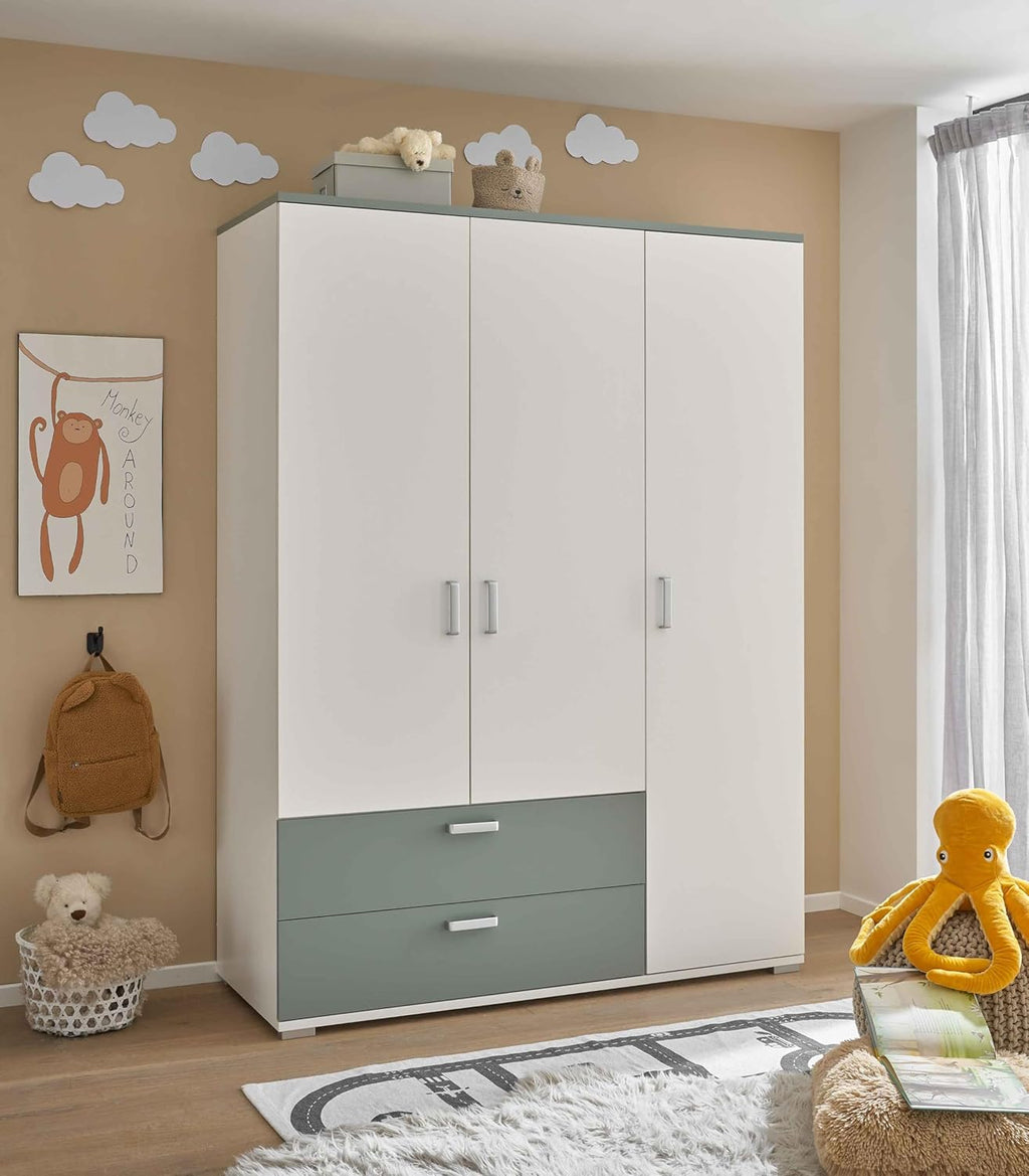 2026 AVANTI TRENDSTORE - Barbania - Wardrobe with 3 hinged doors and 2 drawers, laminated wood. Available in Sage / White colour. Dimensions: approx. LAP 150 x 203 x 58 cm