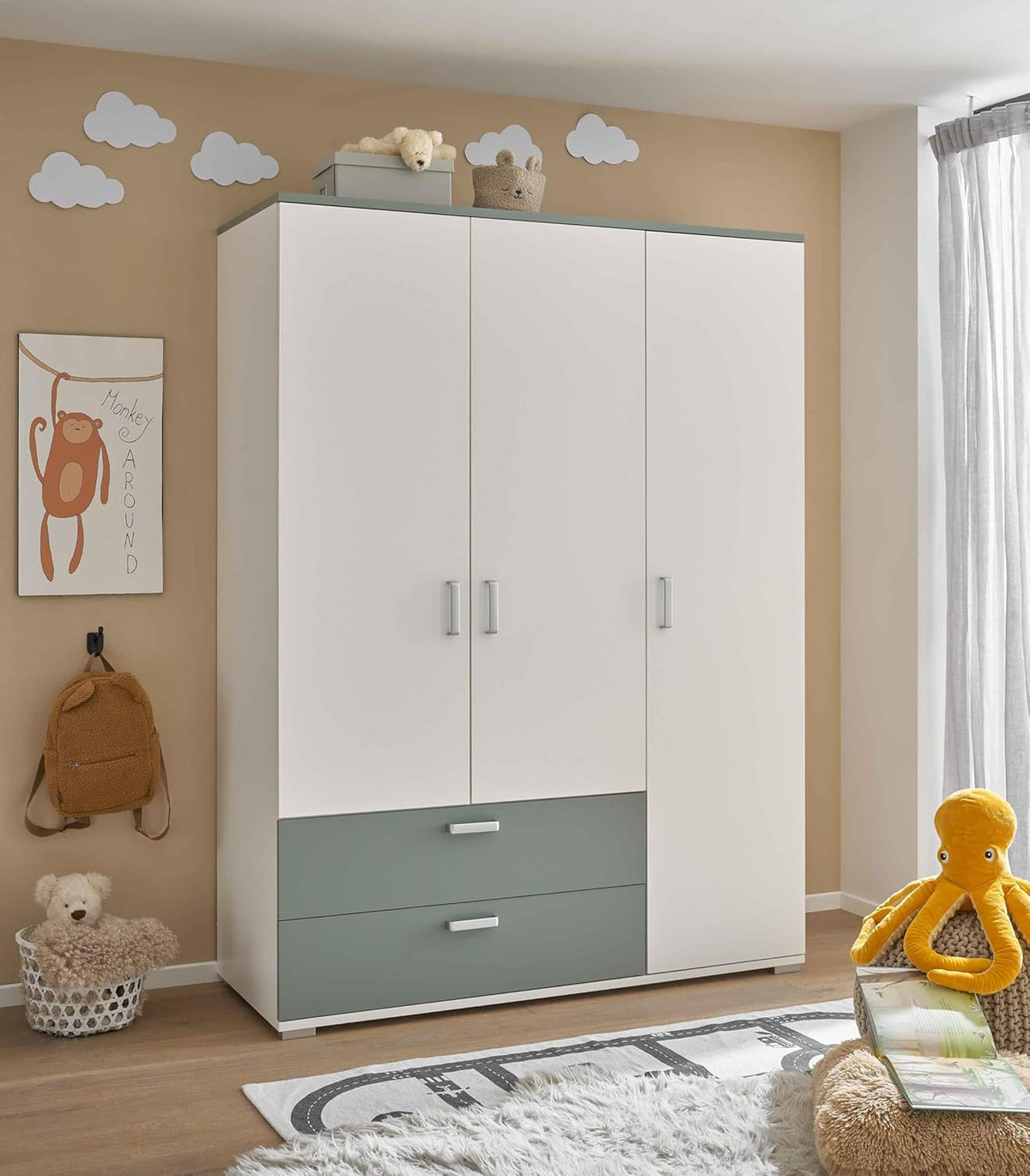 2026 AVANTI TRENDSTORE - Barbania - Wardrobe with 3 hinged doors and 2 drawers, laminated wood. Available in Sage / White colour. Dimensions: approx. LAP 150 x 203 x 58 cm