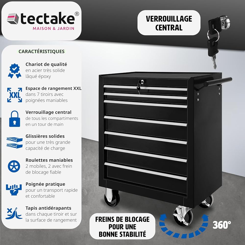 2026 TecTake® Chariot d'atelier Metallique Servante d'atelier Vide Trolley Professionnel 7 Tiroirs spacieux Verrouillables Chariot a Roulette pour Rangement Atelier Garage - Noir : Commerce, Industrie et Science