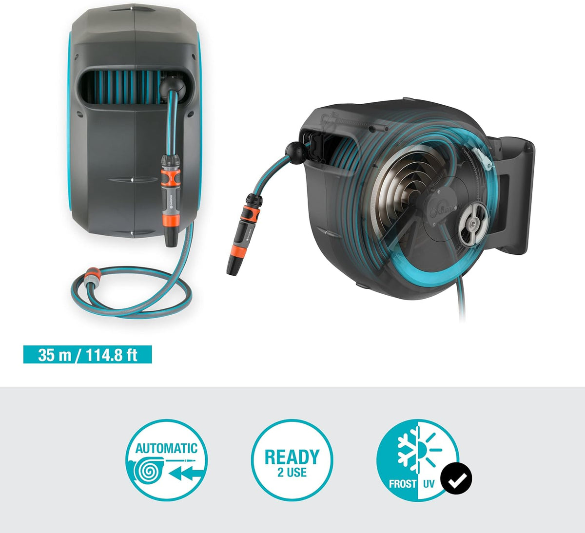 2026 GARDENA Devidoir automatique mural RollUp XL liseret bleu - Longueur 35m - O13mm - Kit complet - Garantie 5 ans 18630-20