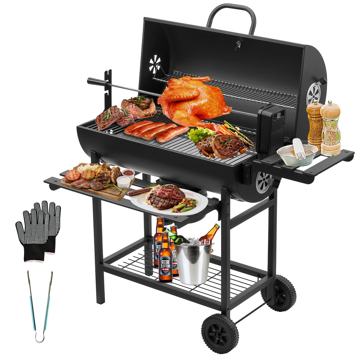 2026 TEENO Chariot à Barbecue de Bois,Grill XXL à Charbon avec Couvercle, Thermomètre,Tiroir à Cendres,Gants anti-brûlures, Évent Réglable,Grand Barbecue au Charbon de Bois (Upgraded (with chicken grill))