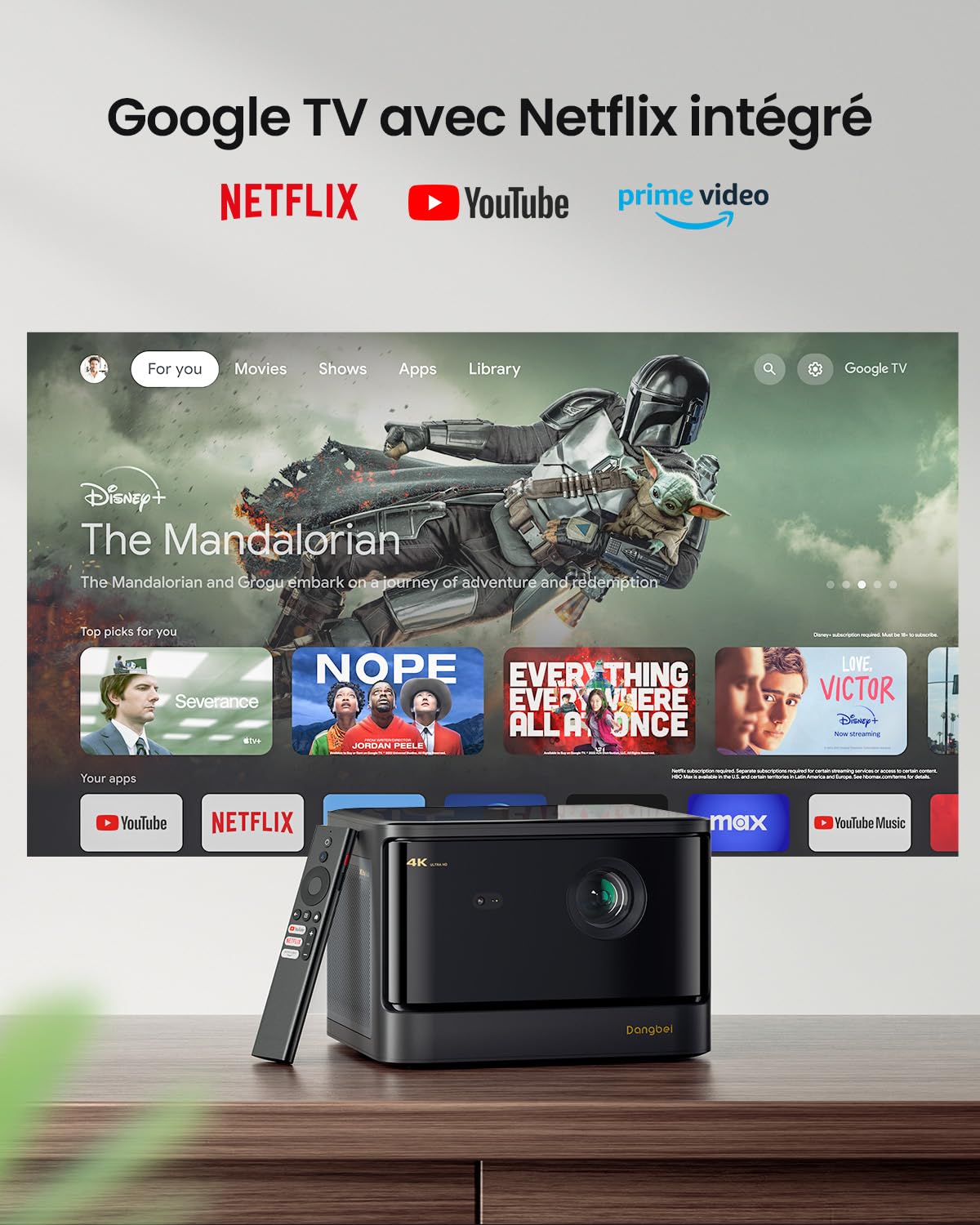 2026 4K Vidéoprojecteur & Blu-Ray 3D, 2450 ISO Lumens, Dangbei Vidéoprojecteur avec GTV/Netflix, Home cinéma, 2x12W Haut-Parleur, HDR10+, WiFi 6 Bluetooth,