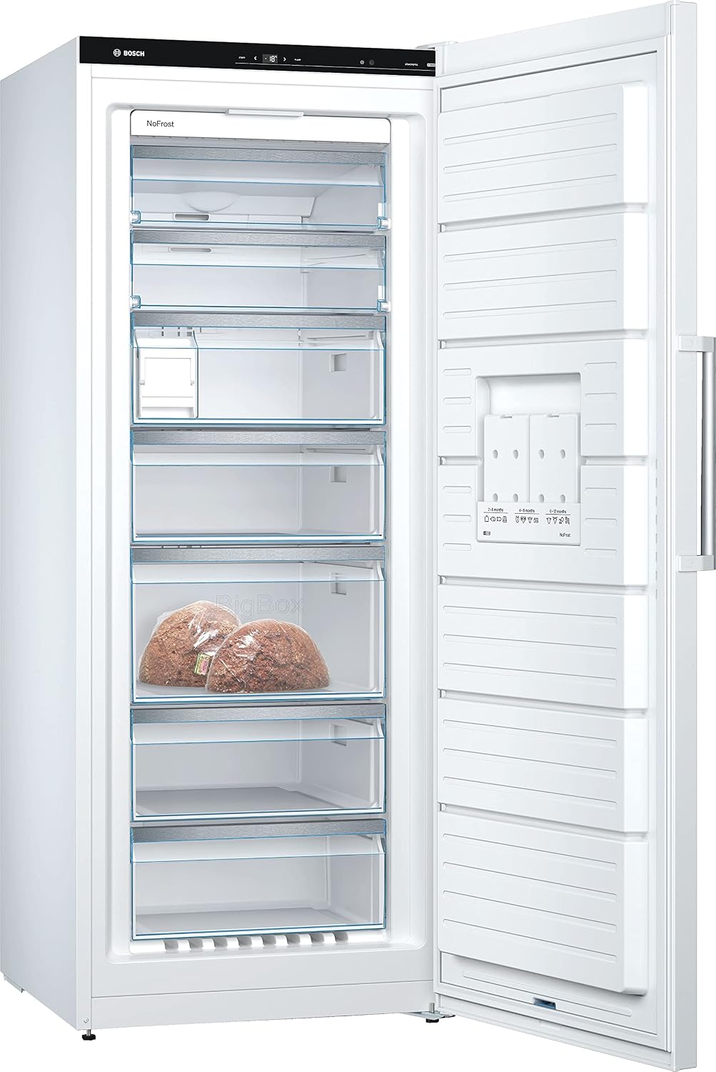2026 Bosch GSN54AWCV Série 6 Congélateur XXL 176 x 70 cm extra large 327 L NoFrost ne dégivrage plus jamais avec éclairage LED uniforme BigBox Espace pour gros aliments congelés Blanc