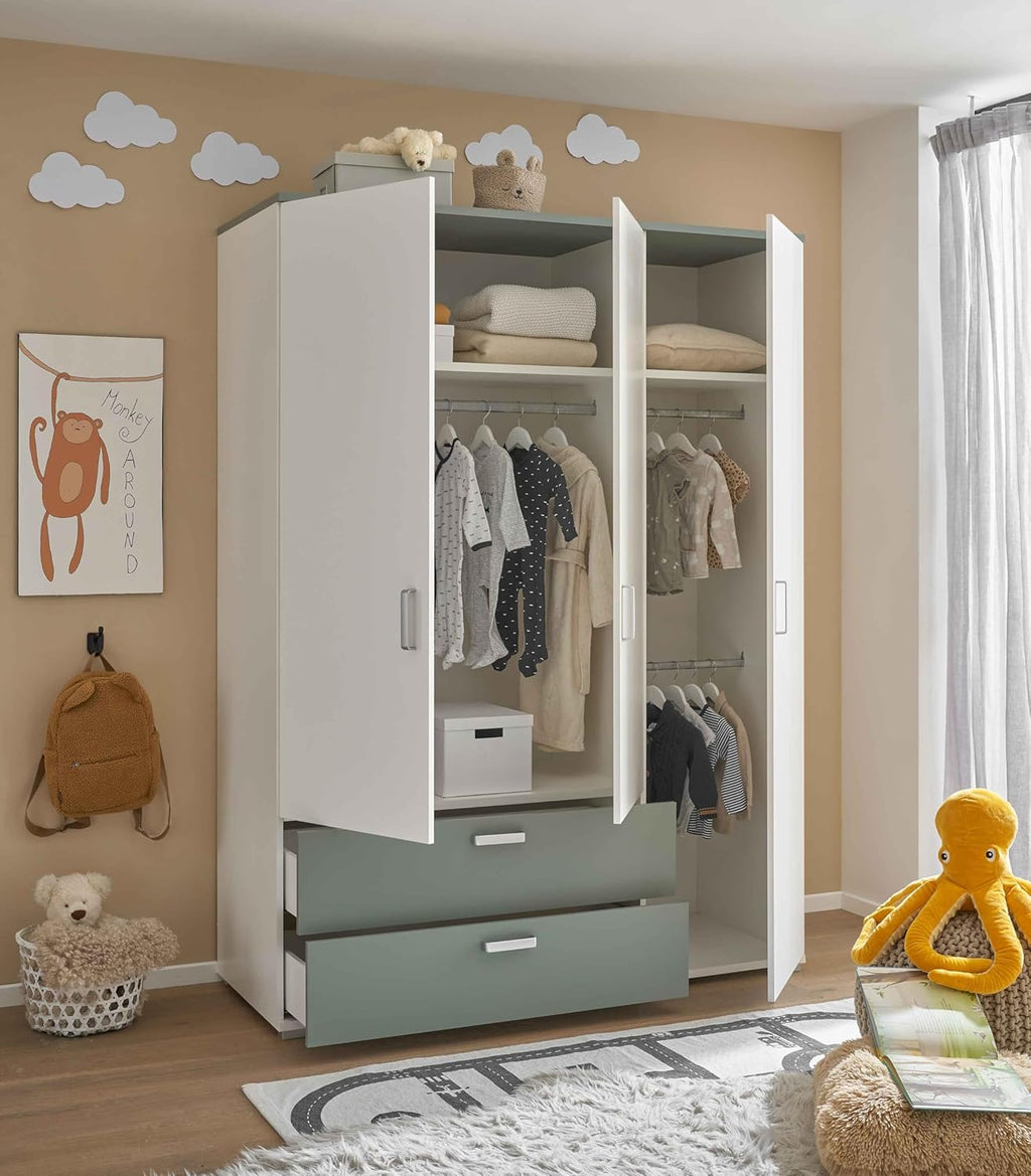 2026 AVANTI TRENDSTORE - Barbania - Wardrobe with 3 hinged doors and 2 drawers, laminated wood. Available in Sage / White colour. Dimensions: approx. LAP 150 x 203 x 58 cm