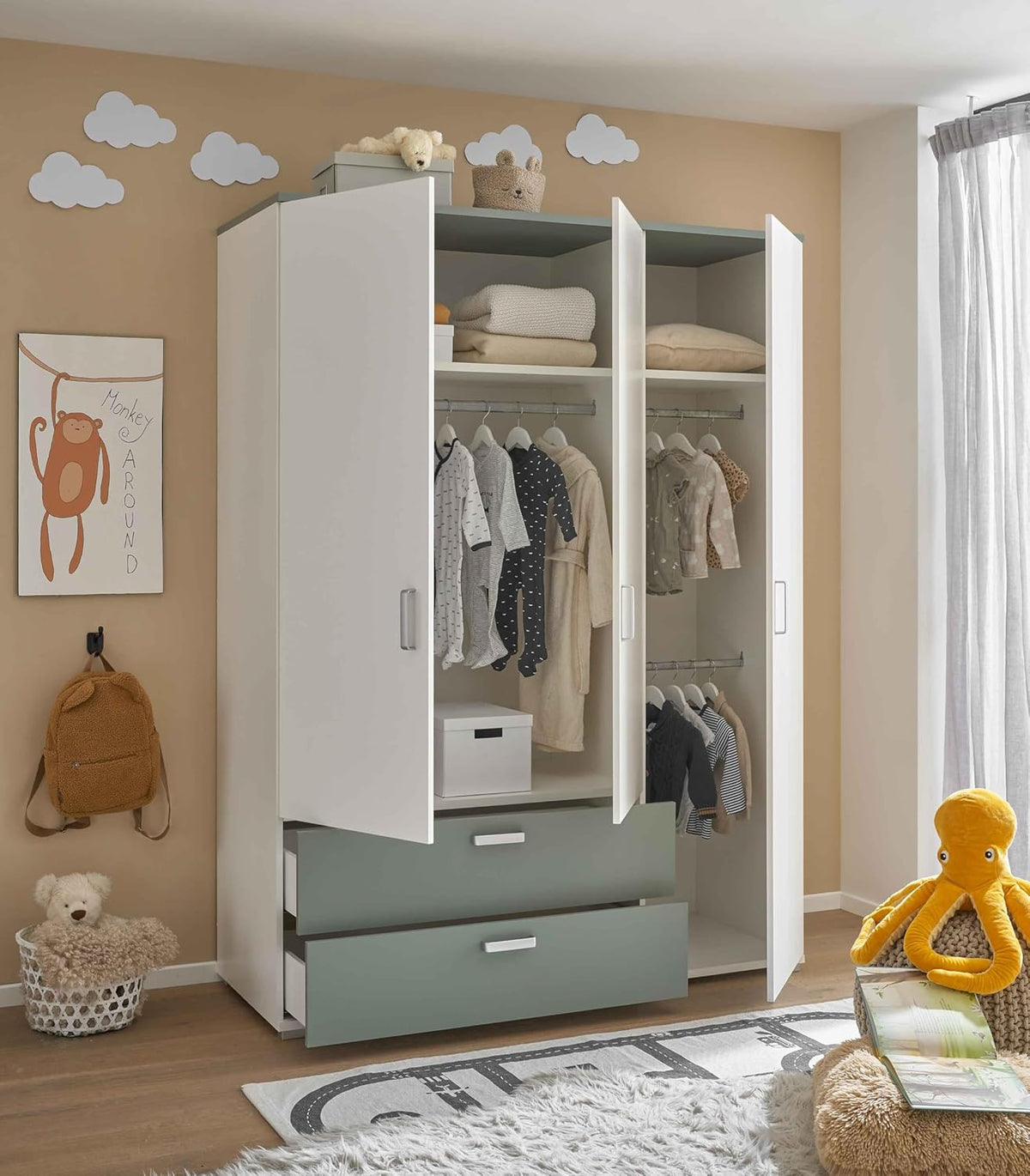 2026 AVANTI TRENDSTORE - Barbania - Wardrobe with 3 hinged doors and 2 drawers, laminated wood. Available in Sage / White colour. Dimensions: approx. LAP 150 x 203 x 58 cm