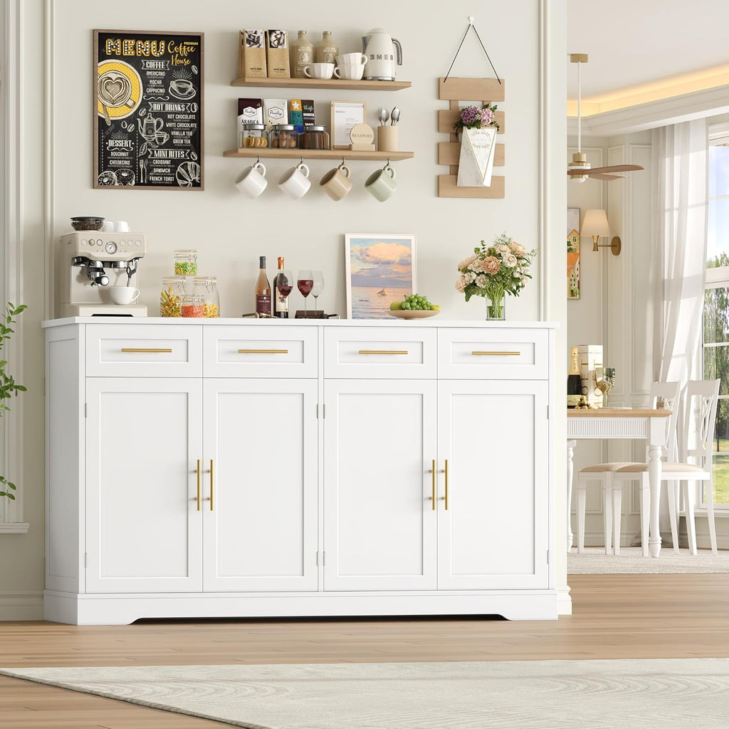 2026 HOCSOK Credenza Cucina, 150 cm Madia Cucina con 4 Cassetti 4 Ante, Credenza Soggiorno con Maniglie in Metallo per Soggiorno, sala da pranzo, Ingresso, Mobile TV, 150×92×40 cm, Bianco