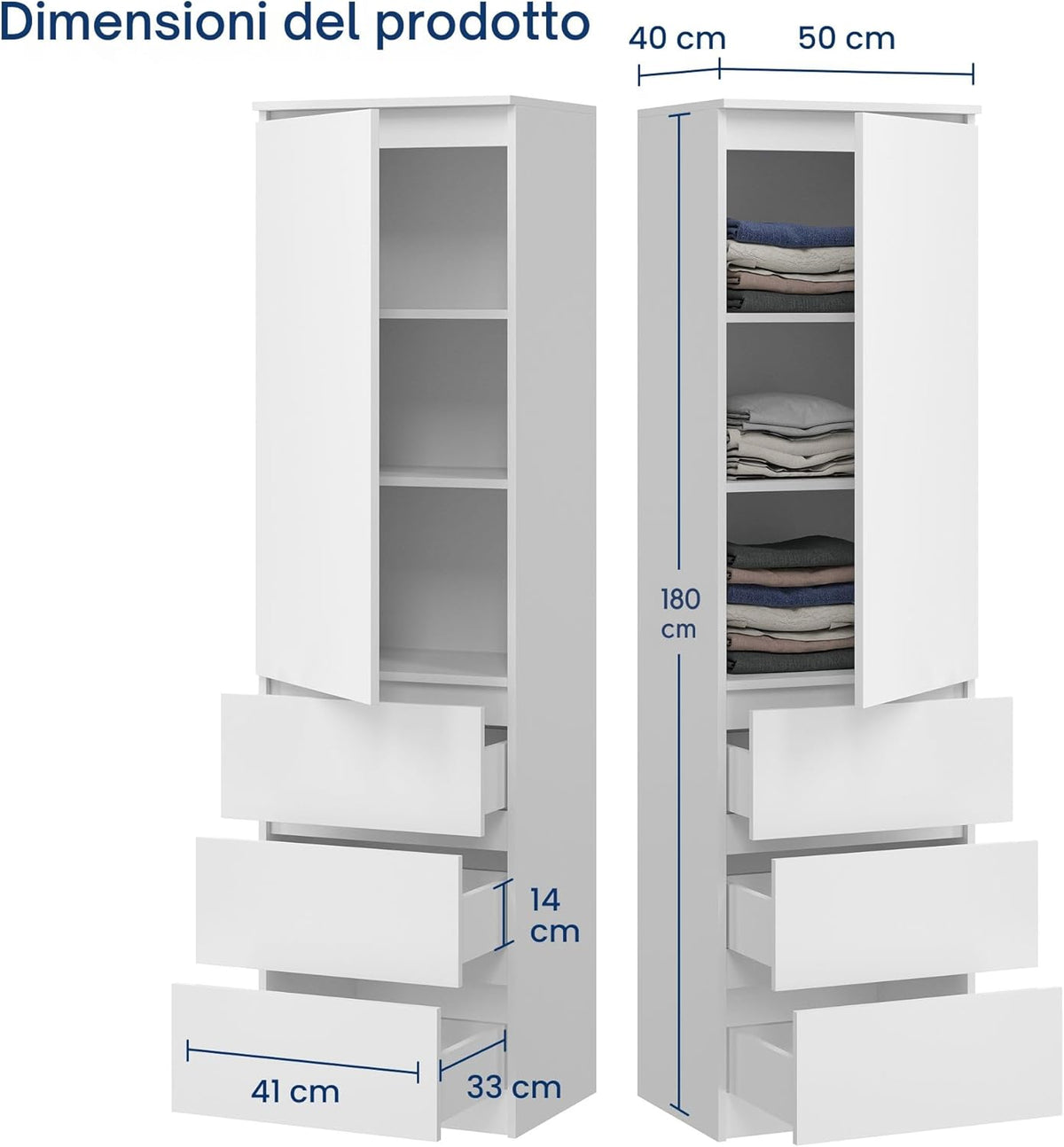 2026 Home Collective Multi-purpose Wardrobe, Wardrobe, Wardrobe with 3 Shelves and 3 Drawers | Compact and Functional Wardrobe for Bedroom, Hallway or Study | 50 x 40 x 180 cm (WxDxH) | White