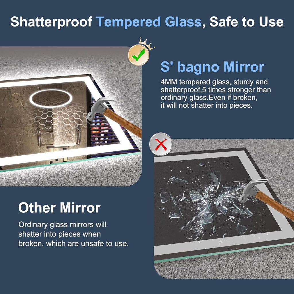 Miroir de salle de bain S'bagno avec éclairage 120 x 70 cm, miroir de salle de bain LED avec Bluetooth et fonction antibuée, intensité variable 3000 K/4000 K/6500 K, mémoire de forme, verre trempé HD, IP44 - Miroirs de salle de bain LED, horizontaux
