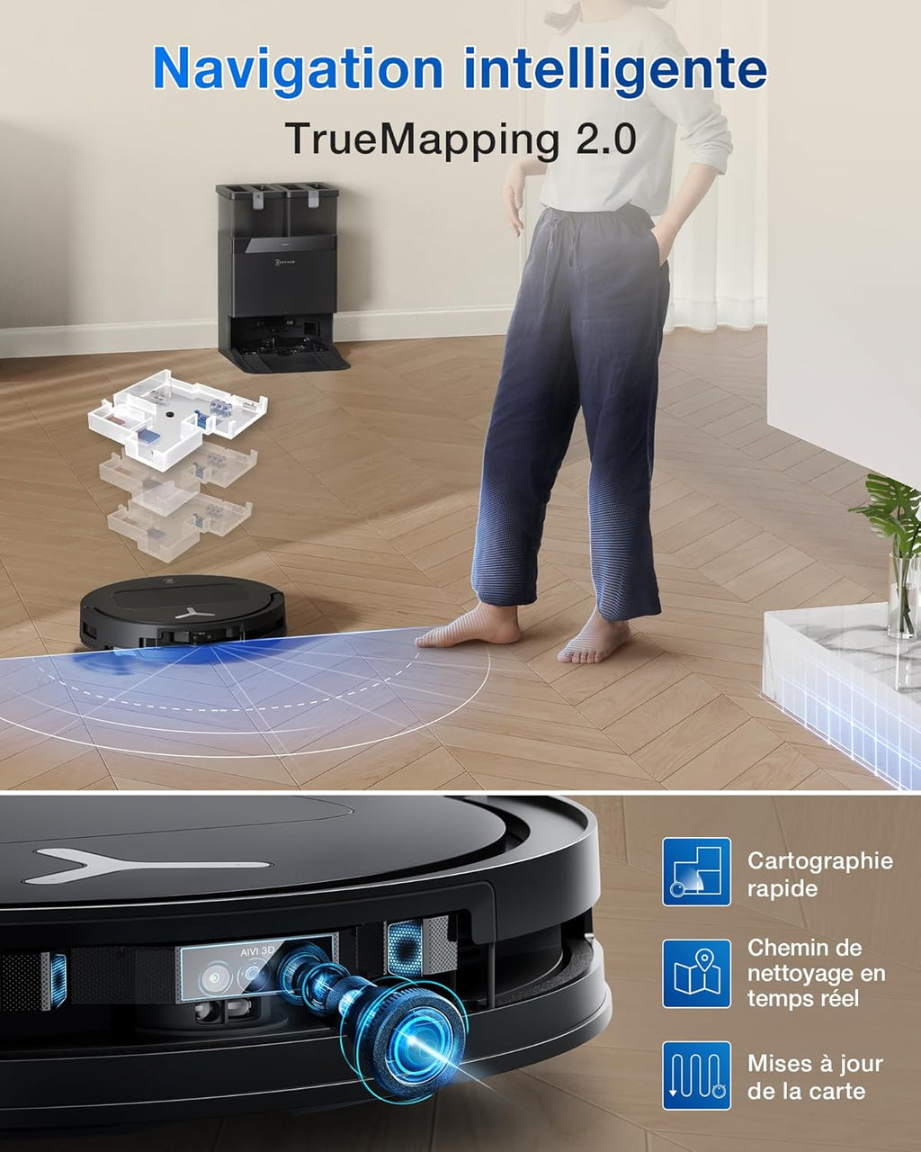 2026 ECOVACS T50 Omni Aspirateur Robot avec Station, Puissance 15000Pa amélioré par T30 Pro Omni, Brosse latérale et serpillière Extensibles, ZeroTangle 2.0, AIVI 3D 2.0, Lavage à l'eau Chaude 75℃, Blanc