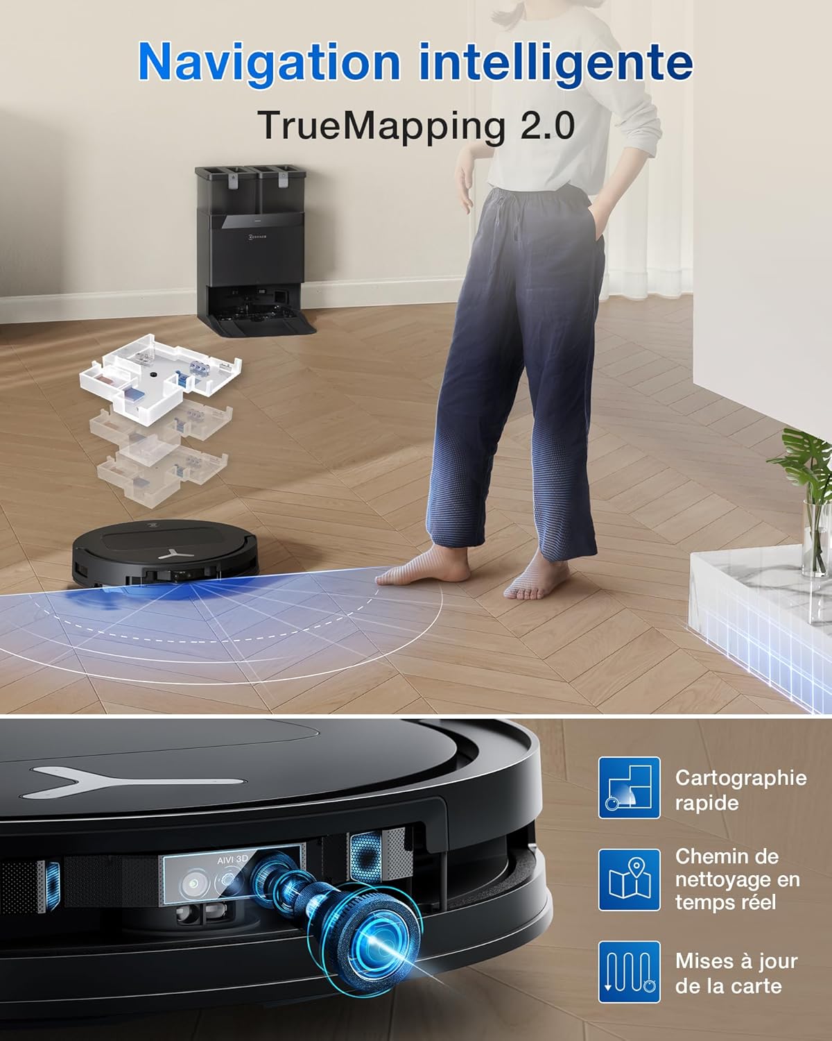 2026 ECOVACS T50 Omni Aspirateur Robot avec Station, Puissance 15000Pa amélioré par T30 Pro Omni, Brosse latérale et serpillière Extensibles, ZeroTangle 2.0, AIVI 3D 2.0, Lavage à l'eau Chaude 75℃, Blanc