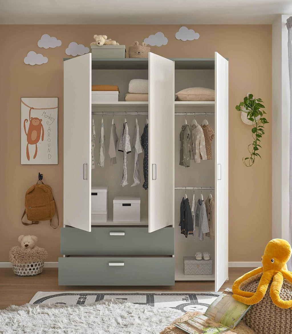 2026 AVANTI TRENDSTORE - Barbania - Wardrobe with 3 hinged doors and 2 drawers, laminated wood. Available in Sage / White colour. Dimensions: approx. LAP 150 x 203 x 58 cm