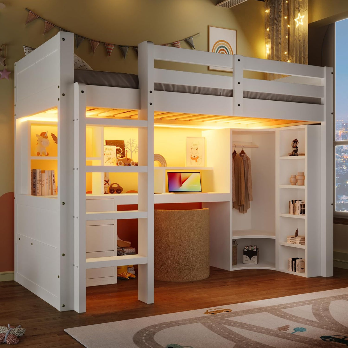 2026 Lit Mezzanine 90x200 cm, Lit Superposé Enfant et Adulte avec Bureau, Lumières LED, Armoire, Échelle, 4 Tiroirs et Rangements, Blanc et Bois lit Mezzanine (90x200 cm)
