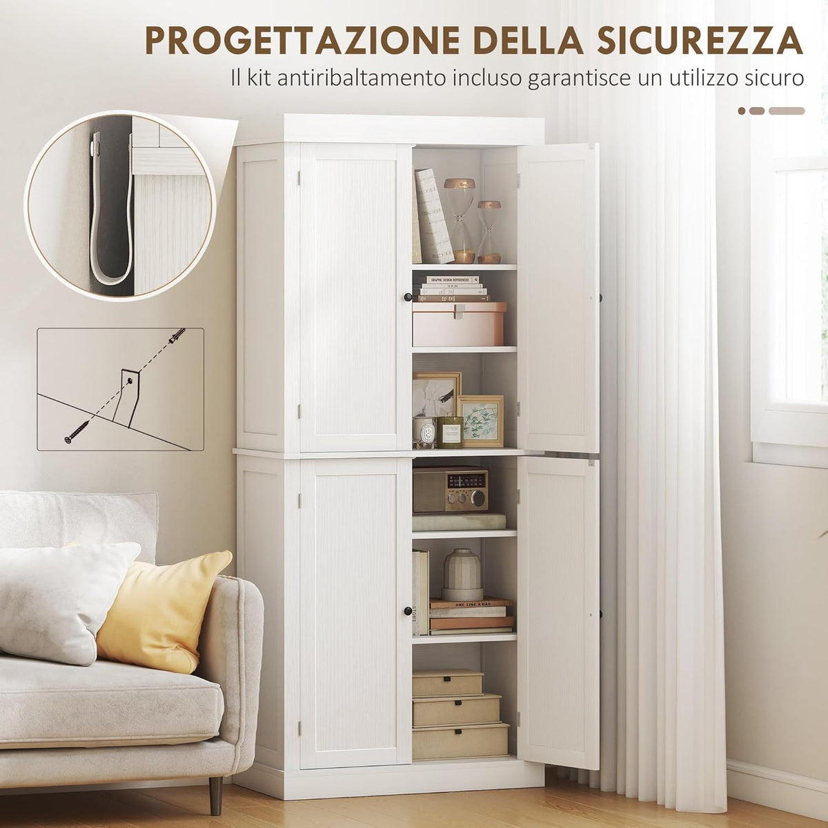 2026 HOMCOM Mobile Cucina Alto con 6 Ripiani e 2 Ante, Armadio Dispensa con Ripiani Regolabili in Legno, 76x40.5x184 cm, Bianco