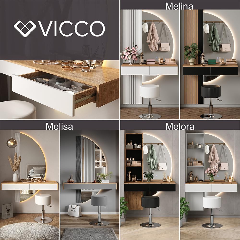 2026 Vicco Melina Dressing Table White/Oak 100cm with LED Mirror