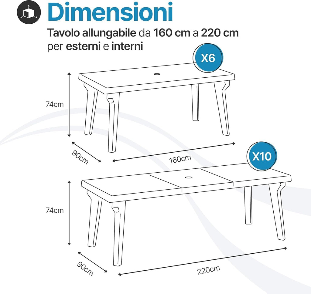 2026 Tomaino - Table and 6 Plastic Garden Chairs Set - with Extendable Extension, with Armrests, Stackable, for Outdoor, Terrace - Norden Dining Set (Black)