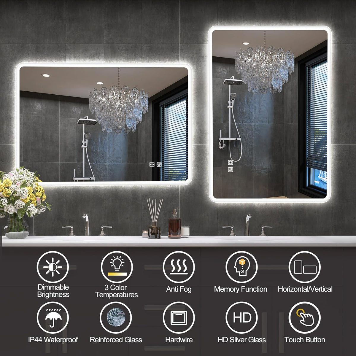 2026 Miroir de salle de bain S'bagno avec éclairage 1200 x 700 mm, IP44, LED, Bluetooth, antibuée, 3 couleurs de lumière (3 000 K, 4 000 K, 6 500 K), intensité variable, mémoire, vertical ou horizontal. Miroirs de salle de bain avec LED.